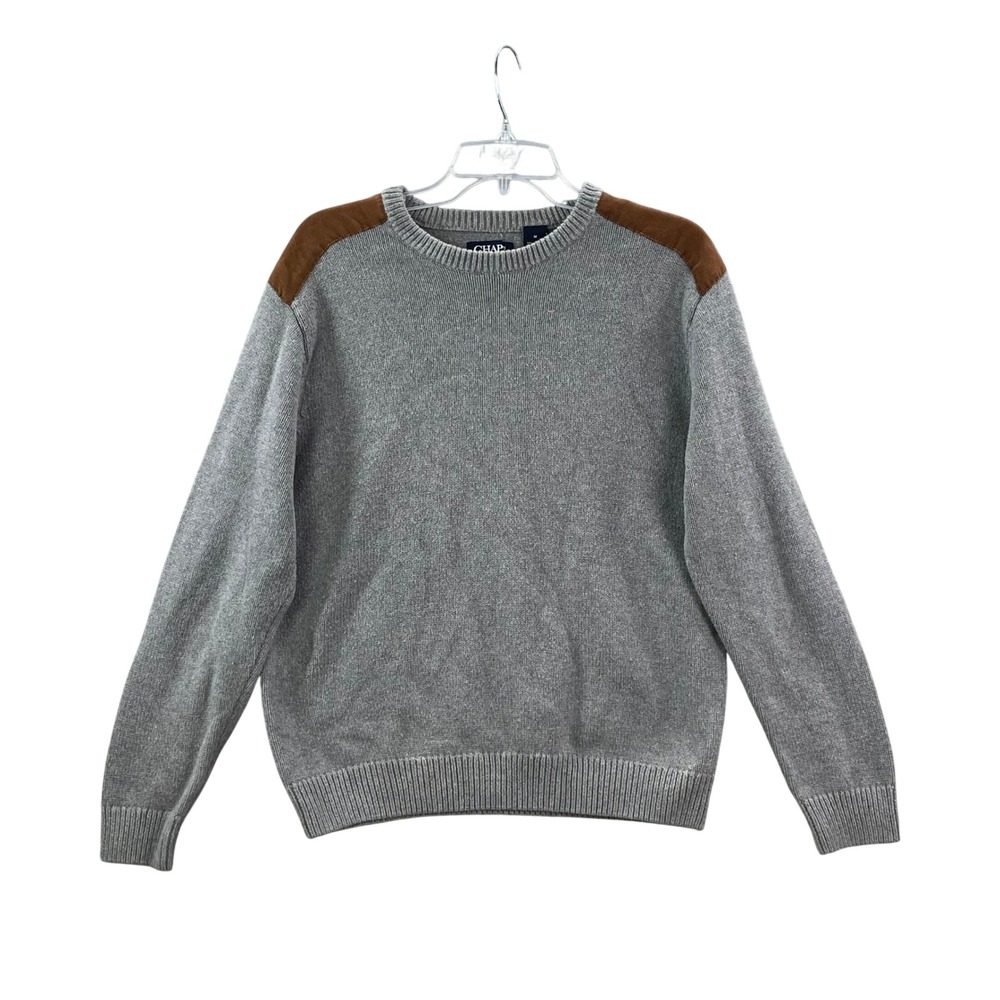 Chaps Crewneck‎ Sweater Mens Medium Gray Cotton Elbow Patch Heritage Classic
